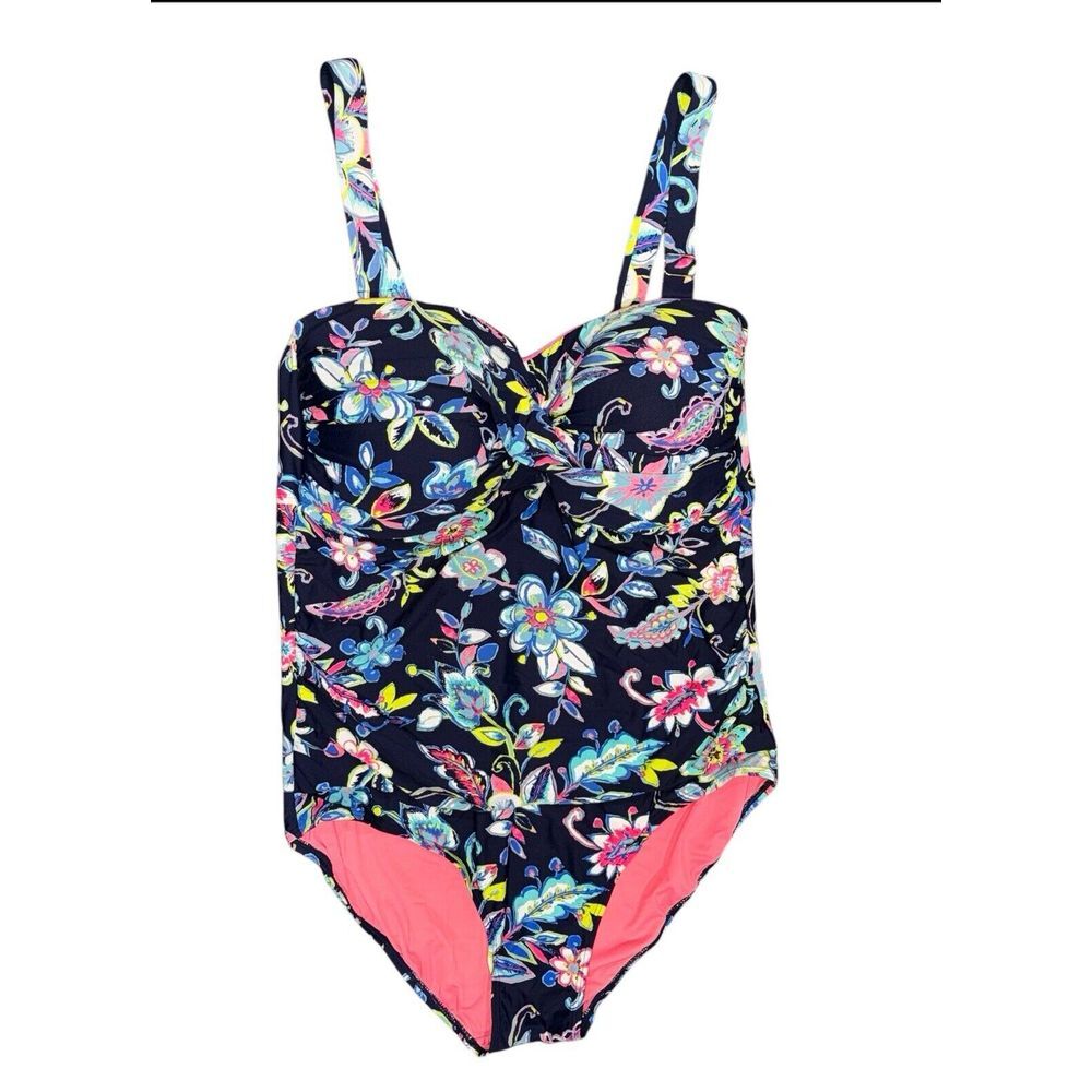 Anne Cole Twist Front 22W Bandeau Removable Straps 1PC Swimsuit Paisley Slimming